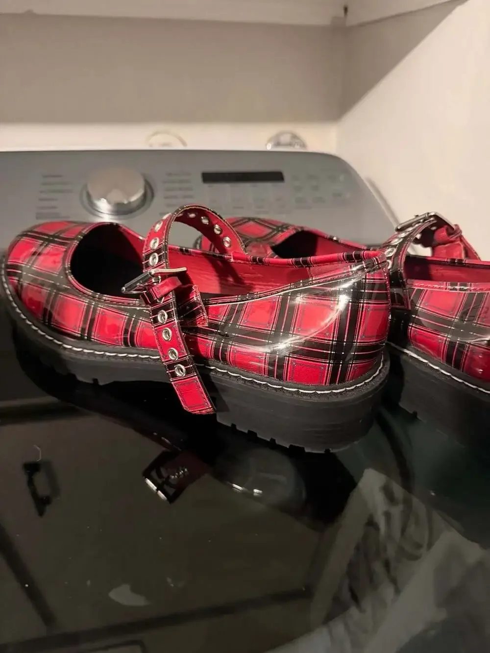 Extra wide Torrid Red Plaid Patent Mary Jane Lug Sole Platform